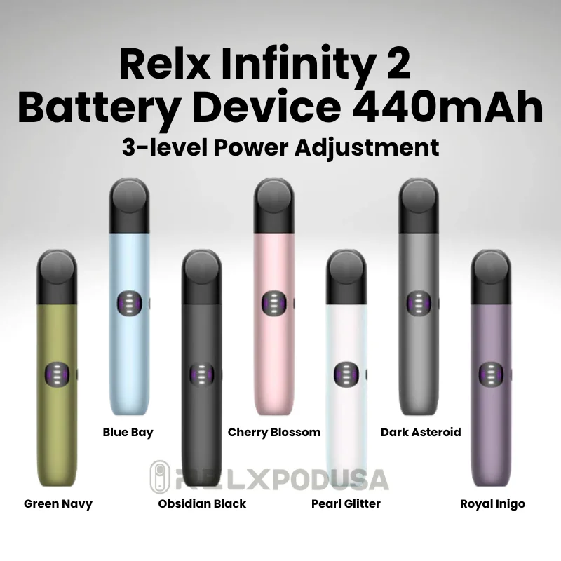 Relx Infinity 2 Battery Device all colors Blue Bay Cherry Blossom Dark Asteroid Green Navy Obsidian Black Pearl Glitter Royal Inigo RELX Infinity 2 Battery Device 440mAh 3-level Power Adjustment Blue Bay Cherry Blossom Dark Asteroid Green Navy Obsidian Black Pearl Glitter Royal Inigo